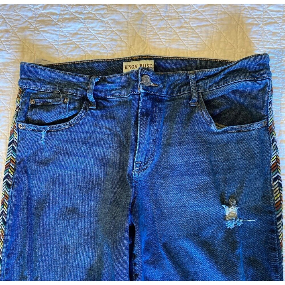 Knox Rose Denim Distressed Jeans Size 12 Cropped Stylish Stitching Down Legs - Picture 4 of 12